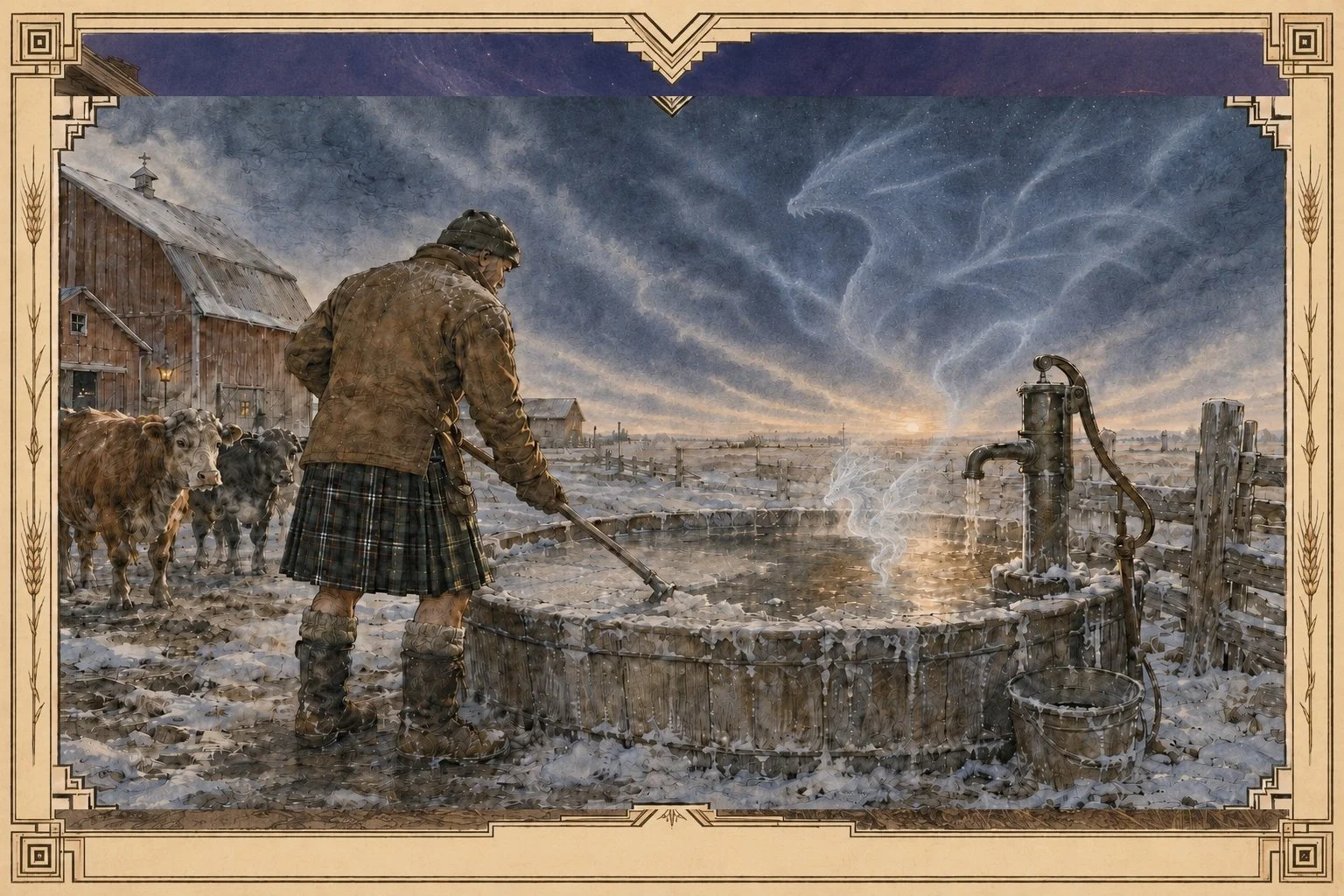 A kilted prairie farmer stands in a frozen farmyard during a late winter thaw, with frost, stock water, and quiet dragon-weather in the sky.