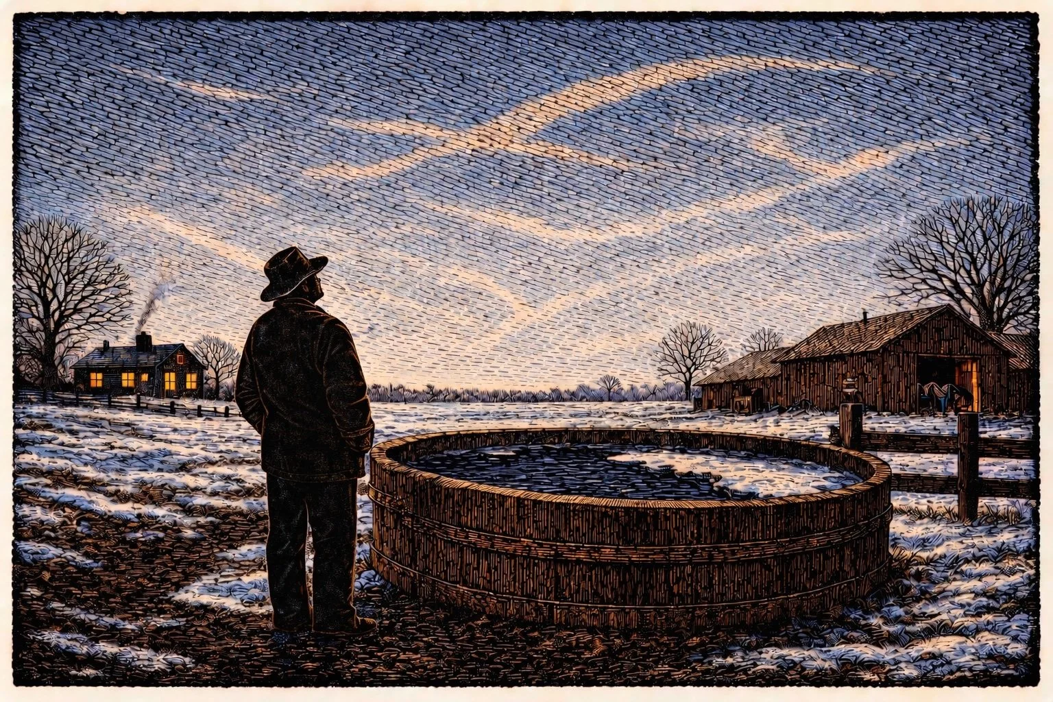 A prairie farmer stands with hands in pockets at a stock tank on a winter thaw day. The farmhouse glows amber in the background. Dragon sweep shapes dissolve into the pale blue sky above. Limited colour woodcut illustration by Gregory R. Miller.