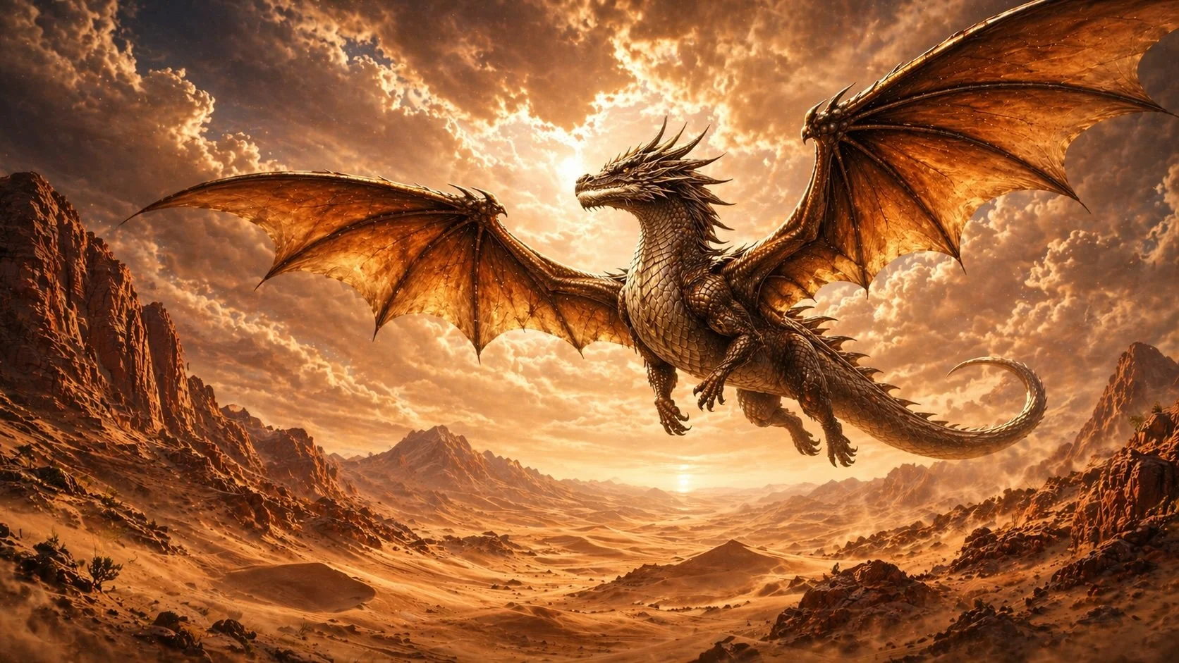 Siroth, a broad-winged bronze dragon, on a high ridge of red stone above desert dunes at dusk