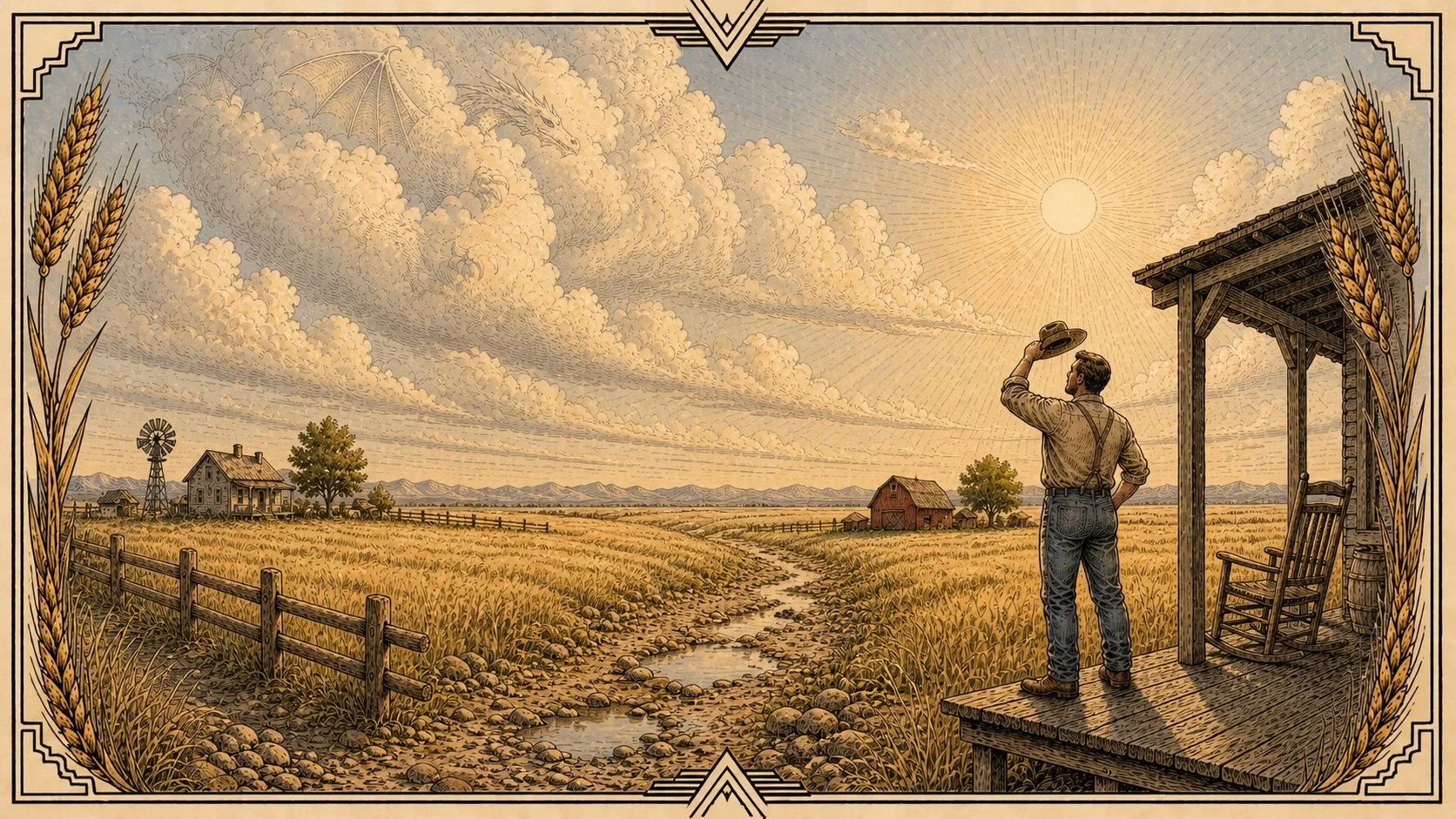 A farmer stands on his porch hat in hand looking up at a vast dry prairie sky where a faint dragon shape moves through the clouds above parched golden fields.