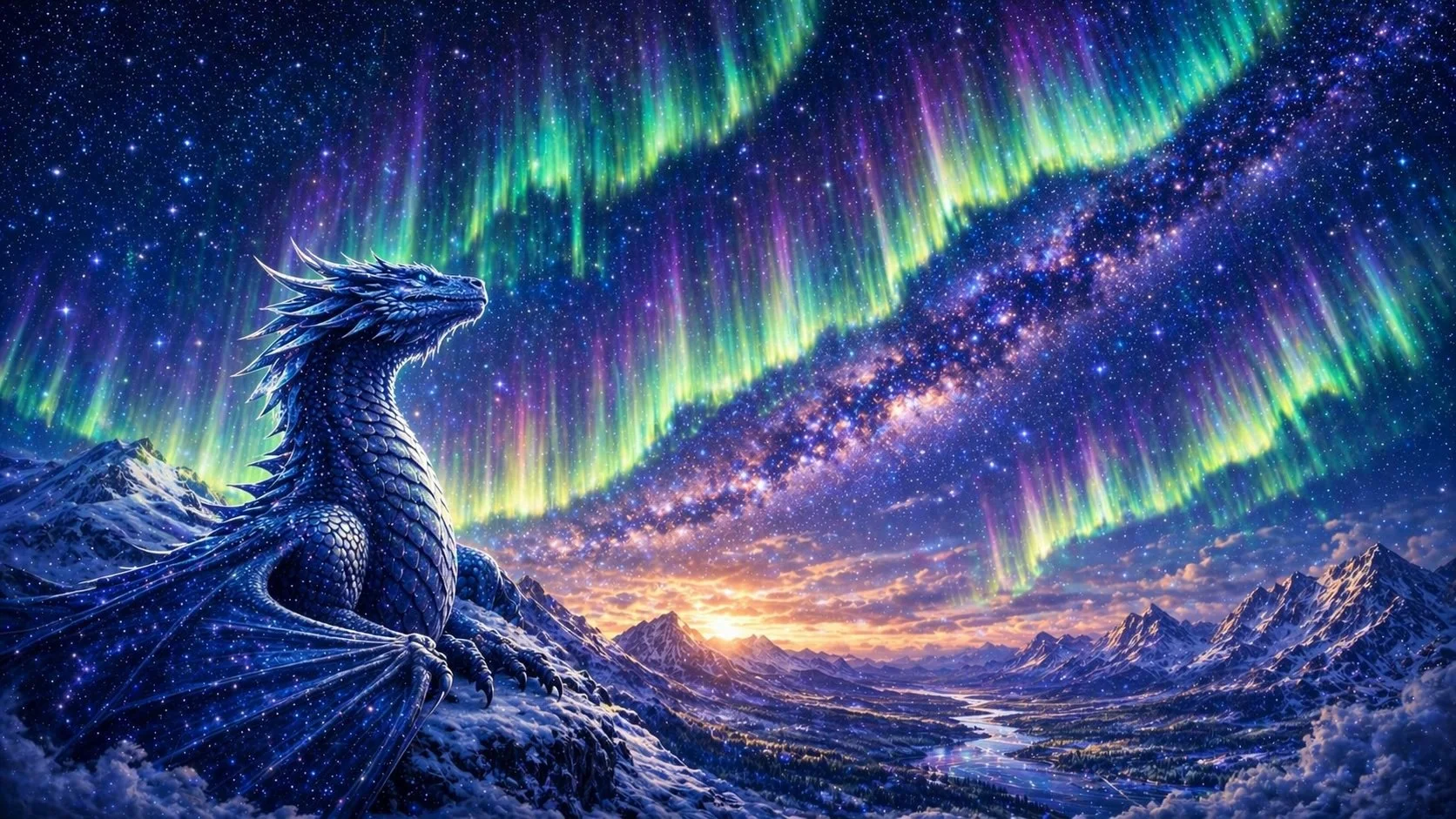 Borealis, a slender dragon with scales shimmering in green and violet aurora light, hovering over frozen tundra