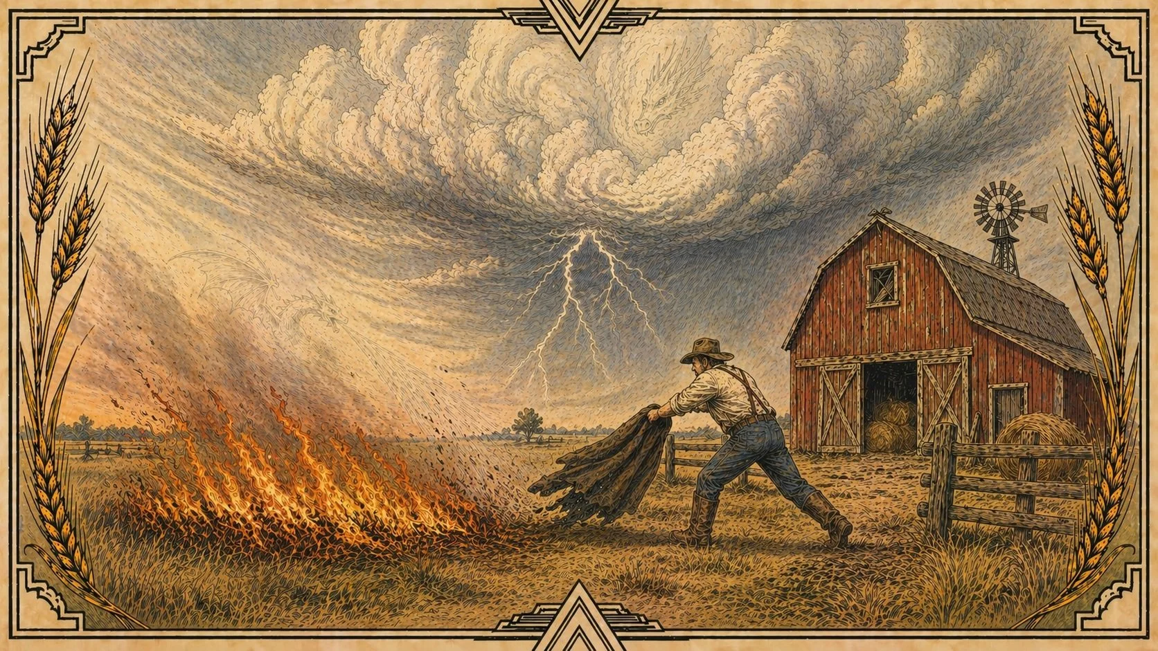 A farmer beats at a grass fire with his coat as storm clouds and lightning fill the sky above, with a red barn standing downwind behind him.