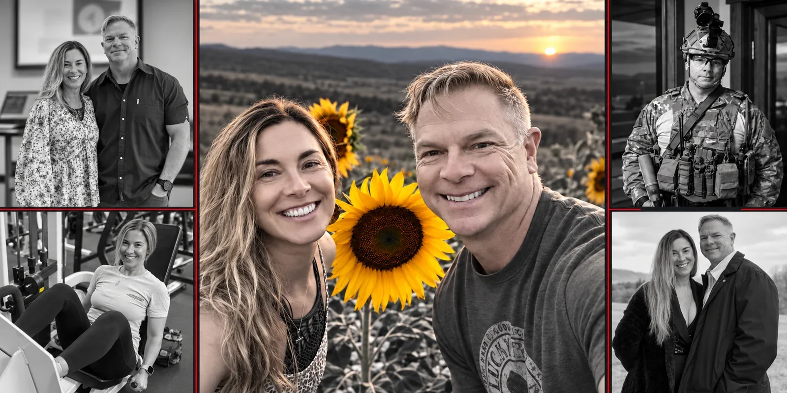 Lou and Trena together with sunflowers, at a workshop and outdoors, alongside Trena at the gym and Lou during military service.