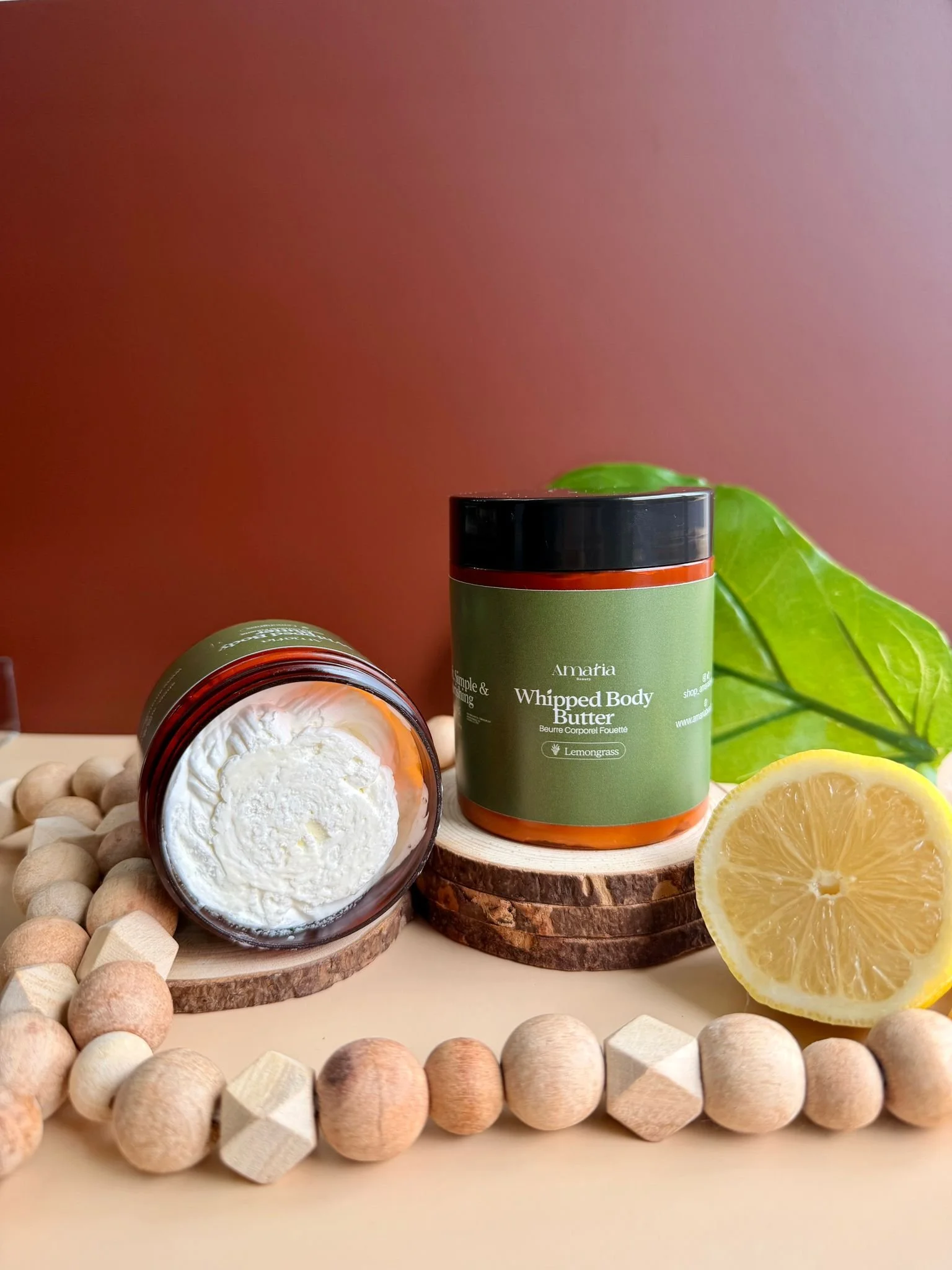 Whipped Body Butter Lemongrass with lemons and wooden beads