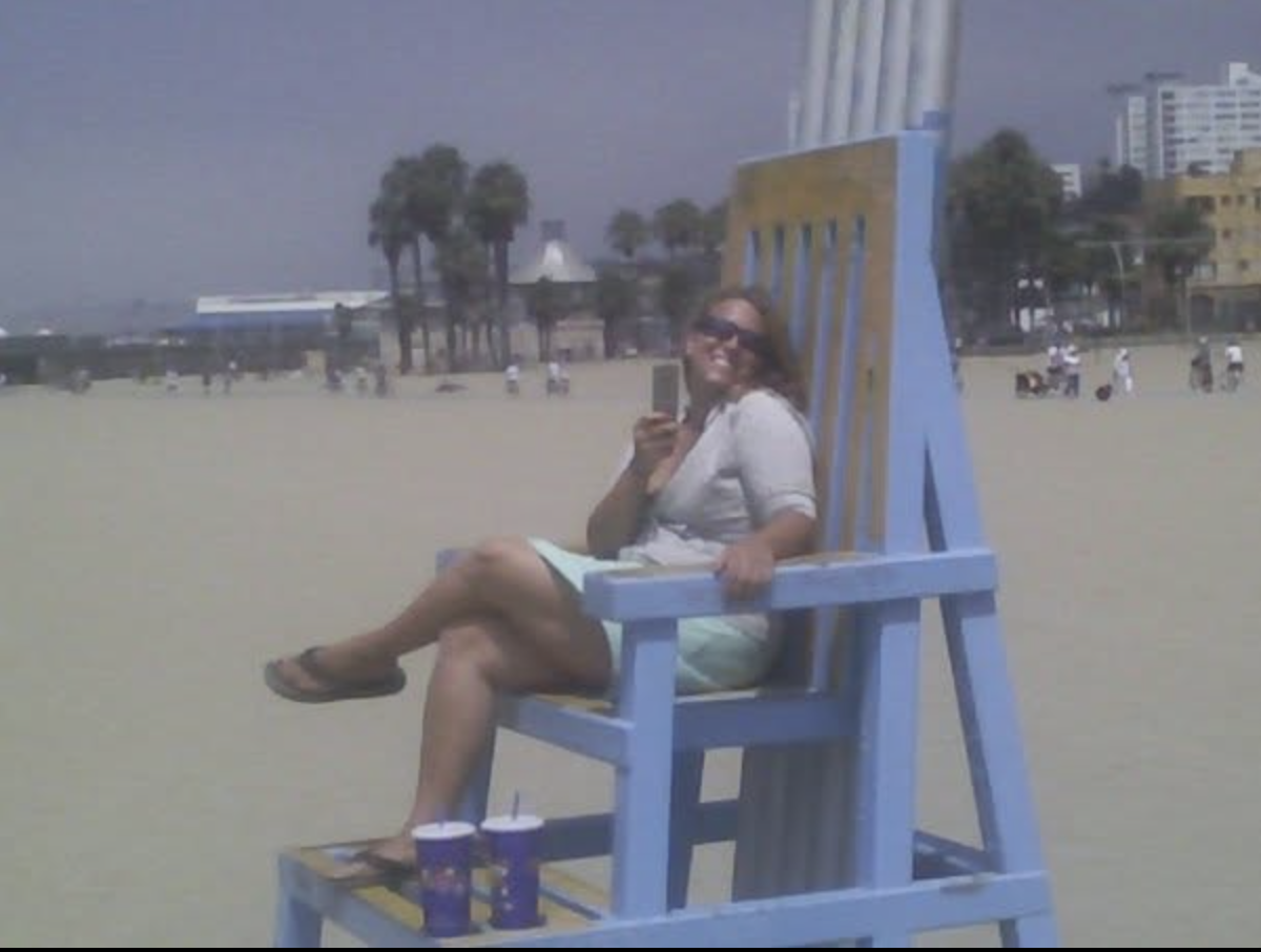Jessica enjoying a day at Santa Monica Beach during her early years in Southern California