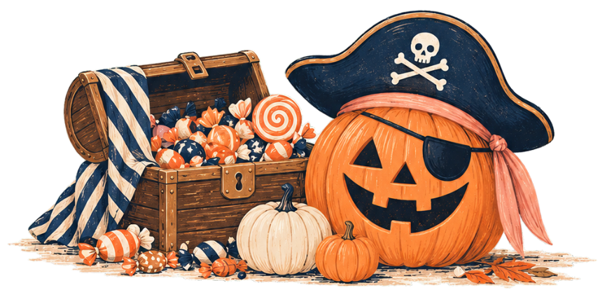 Pirate pumpkin and treasure chest filled with Halloween candy