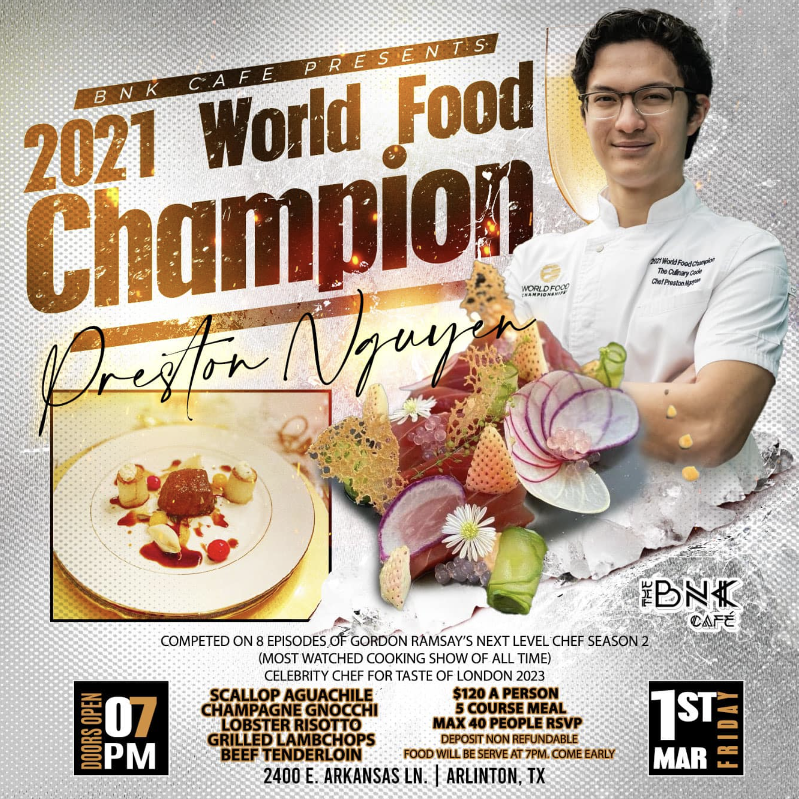 BNK Café event flyer — World Food Champion dinner