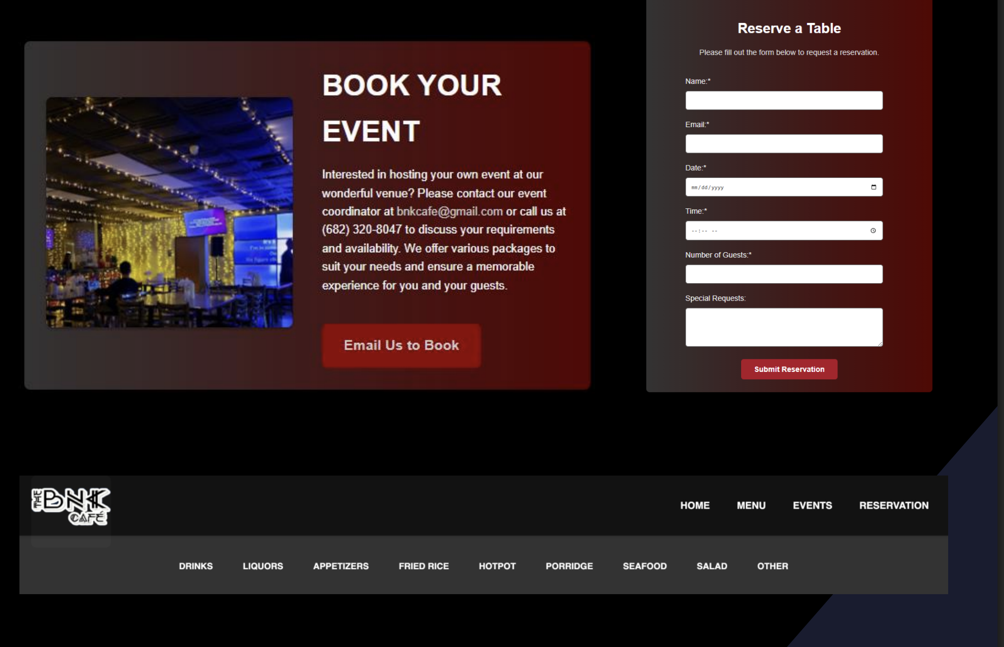 Original BNK Café website — menu page
