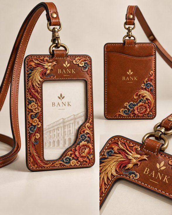 Mock-up: hand-carved leather badge holders and lanyard with phoenix and flower relief and a sample logo