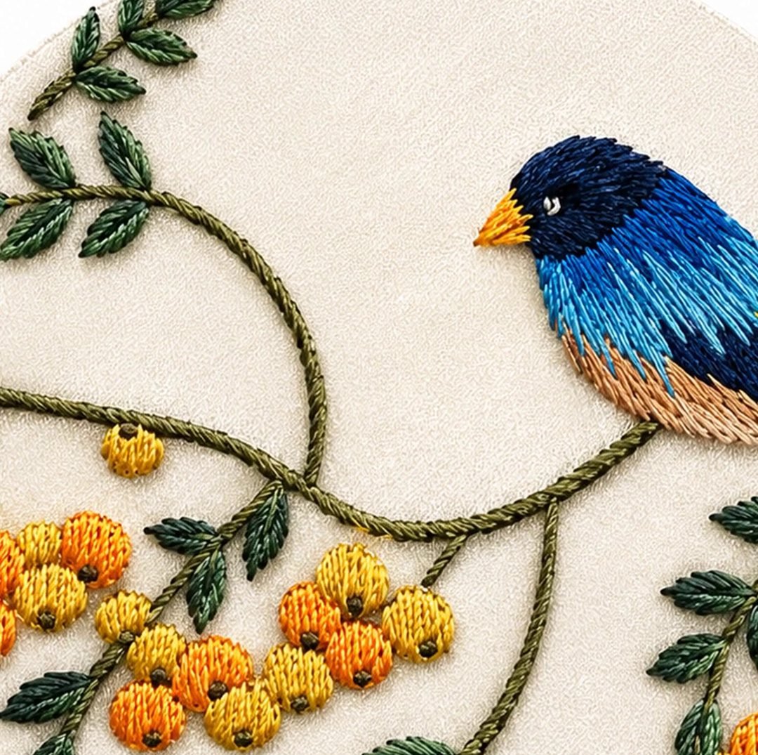 A hand-embroidered blue bird on a branch of orange rowan berries