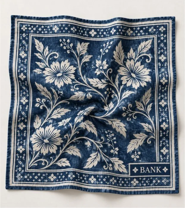 Mock-up: an indigo Fengxiang-dyed handkerchief with a white floral pattern and a sample logo in the corner