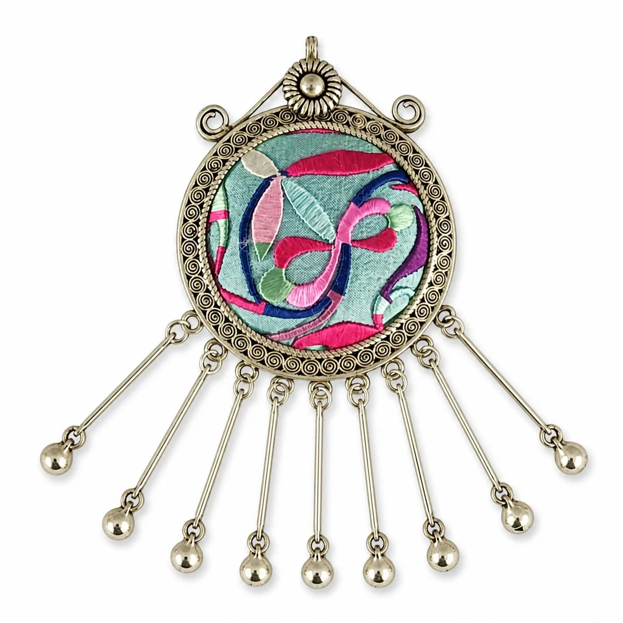 A round silver pendant framing a hand-embroidered centre, with nine hanging bells