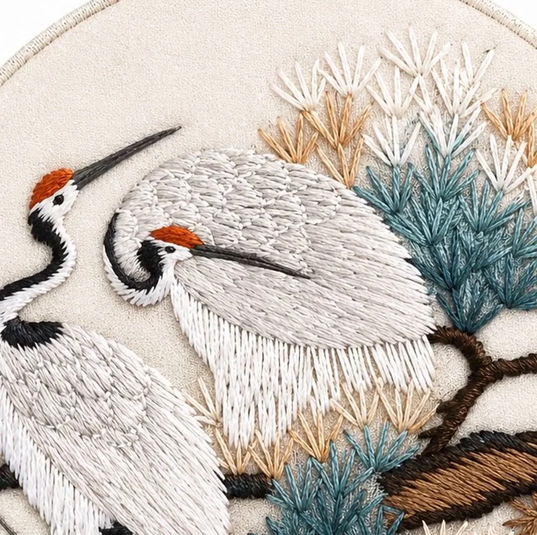 Two hand-embroidered red-crowned cranes under a pine