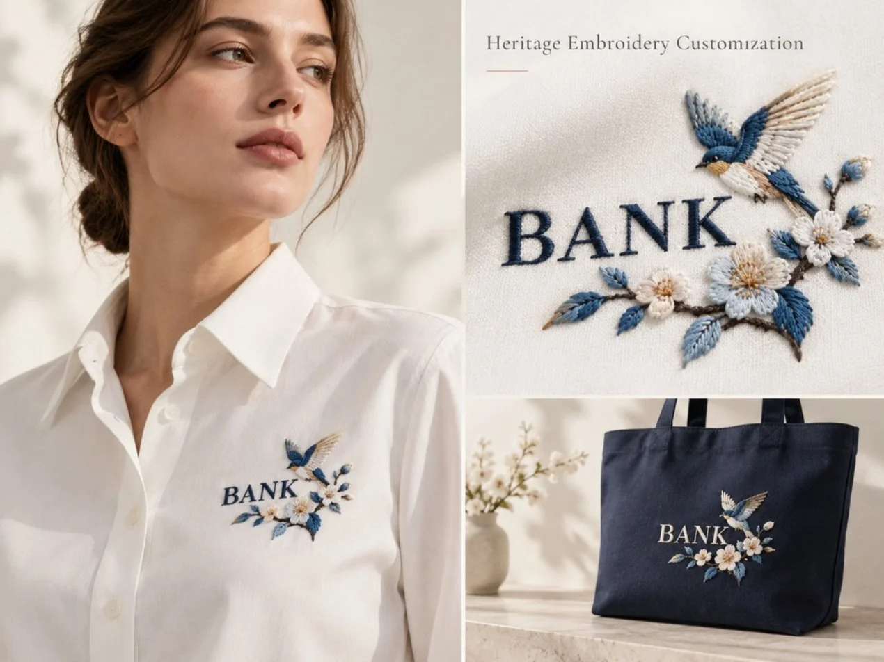 Mock-up: a sample logo hand-embroidered with a bird and blossoms on a white shirt and a navy tote bag