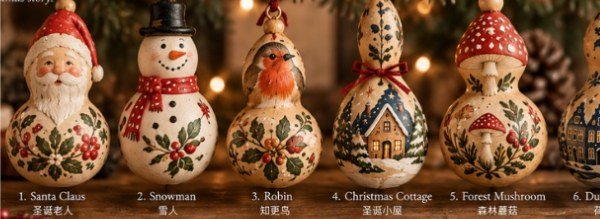 Mock-up: hand-painted gourd Christmas ornaments shaped as Santa, a snowman, a robin, a cottage and a mushroom