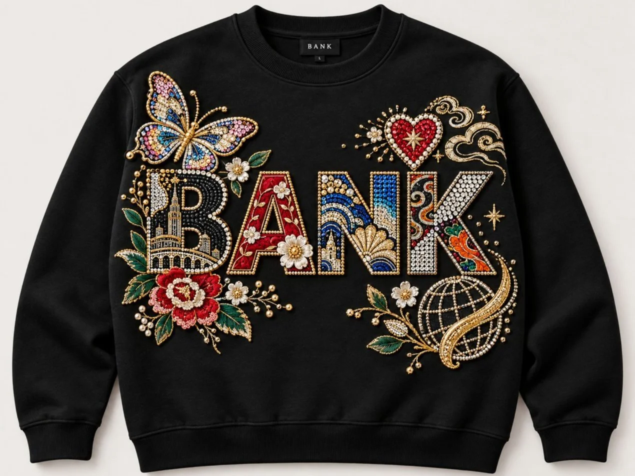 Mock-up: a black sweatshirt with a sample logo in multi-colour sequins, beads and heritage motifs