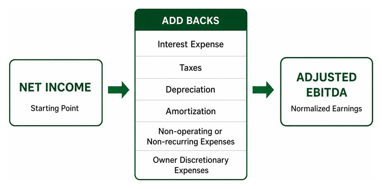 Flowchart showing net income adjusted for interest, taxes, depreciation, amortization, non-recurring expenses and owner discretionary expenses to reach adjusted EBITDA Flowchart showing net income adjusted for interest, taxes, depreciation, amortization, non-recurring expenses and owner discretionary expenses to reach adjusted EBITDA
