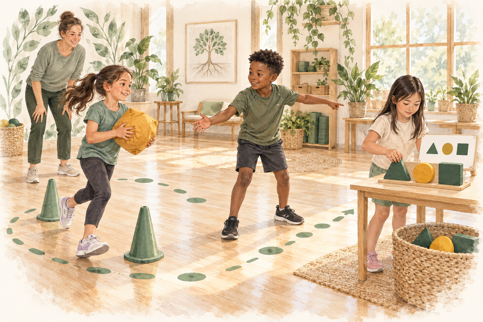 Older children work together on a relay, following visual markers, handing off a beanbag, and completing a shared shape pattern