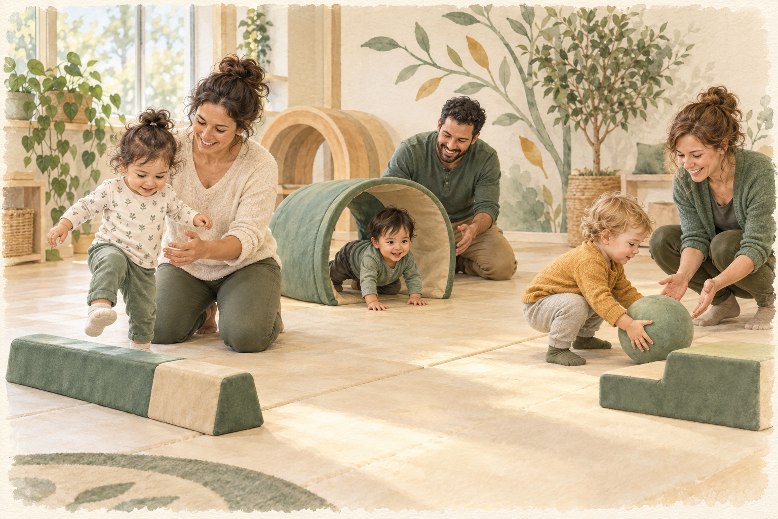 Illustration of toddlers stepping over a low obstacle, crawling through a tunnel, and reaching for a ball with adult guidance