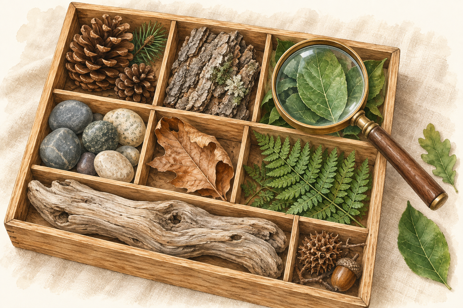 Illustrated Nature Discovery Box with a magnifying glass, textured bark, pinecones, leaves, fern, driftwood, and smooth stones