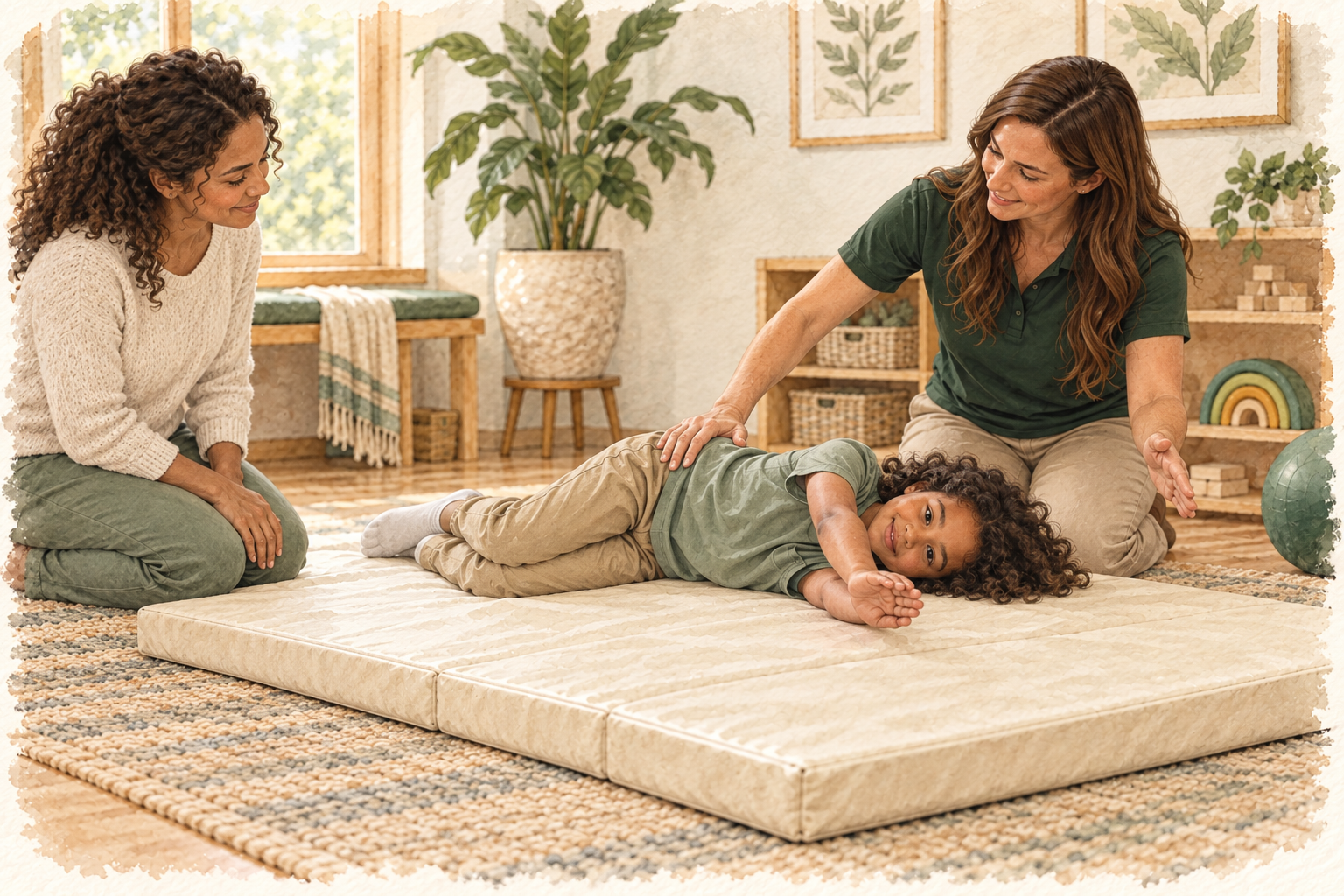 Illustration of guided floor movement practice with a therapist and parent