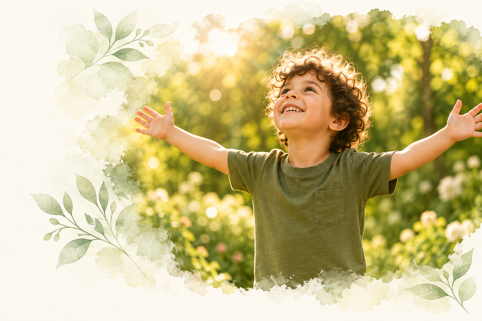 A joyful child stretching his arms in a sunlit garden