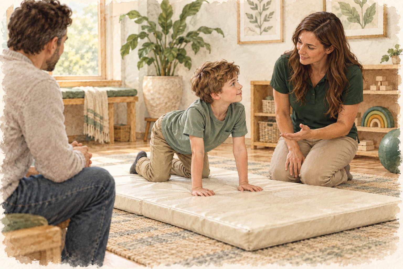 Illustration of a therapist observing a child’s movement on a floor mat with a caregiver present