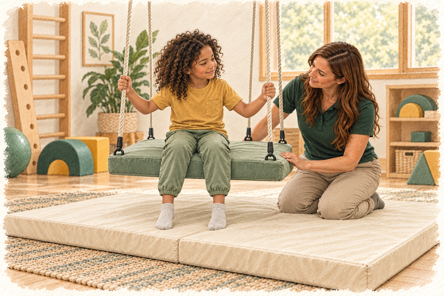 Illustration of a child on a low platform swing with therapist support