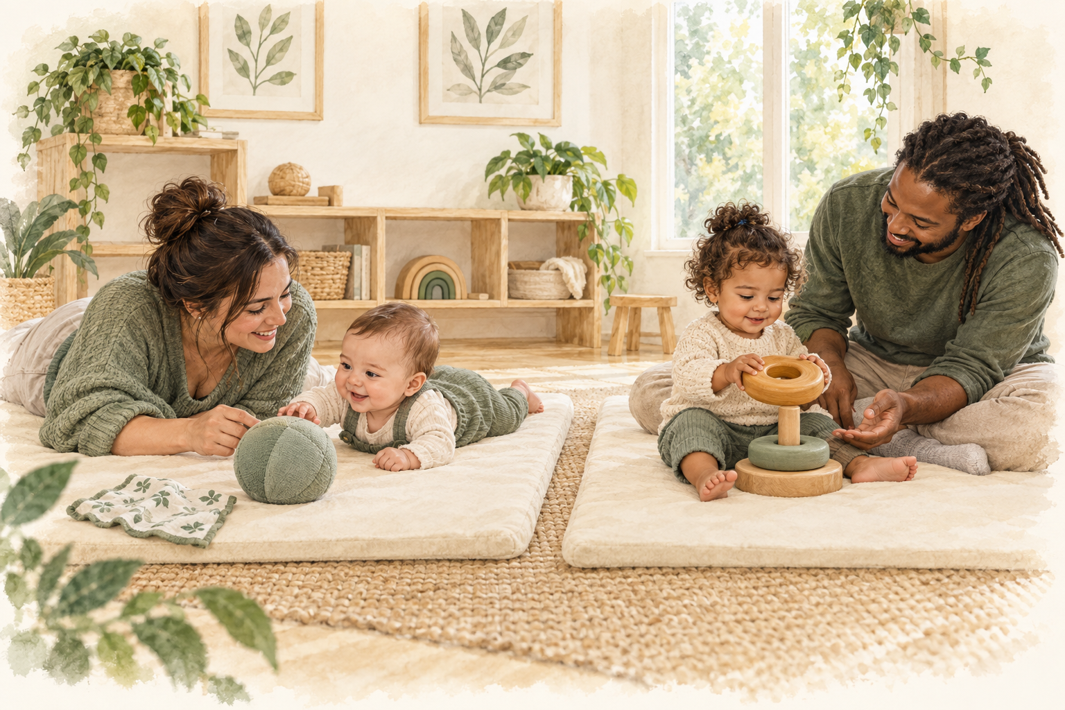 Illustration of a caregiver engaging with a baby during floor play and another caregiver sharing a stacking activity with a toddler