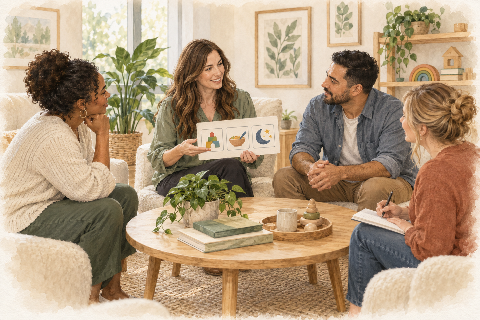 Illustration of an occupational therapist discussing everyday routines with a small group of caregivers
