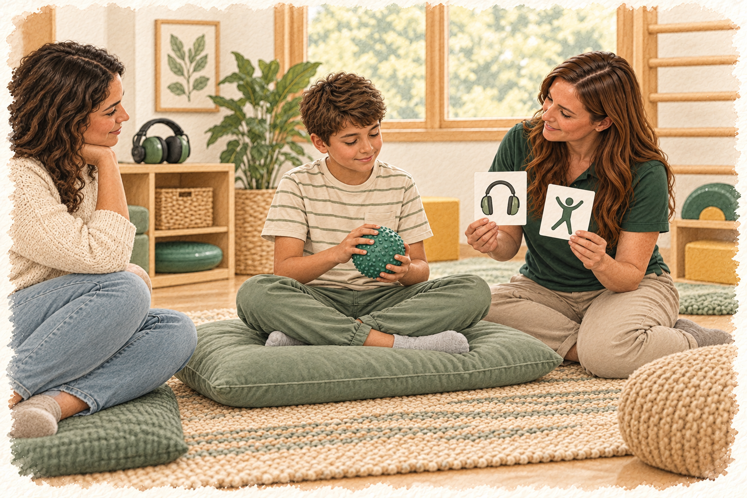 Illustration of a child exploring sensory preferences with a therapist and caregiver