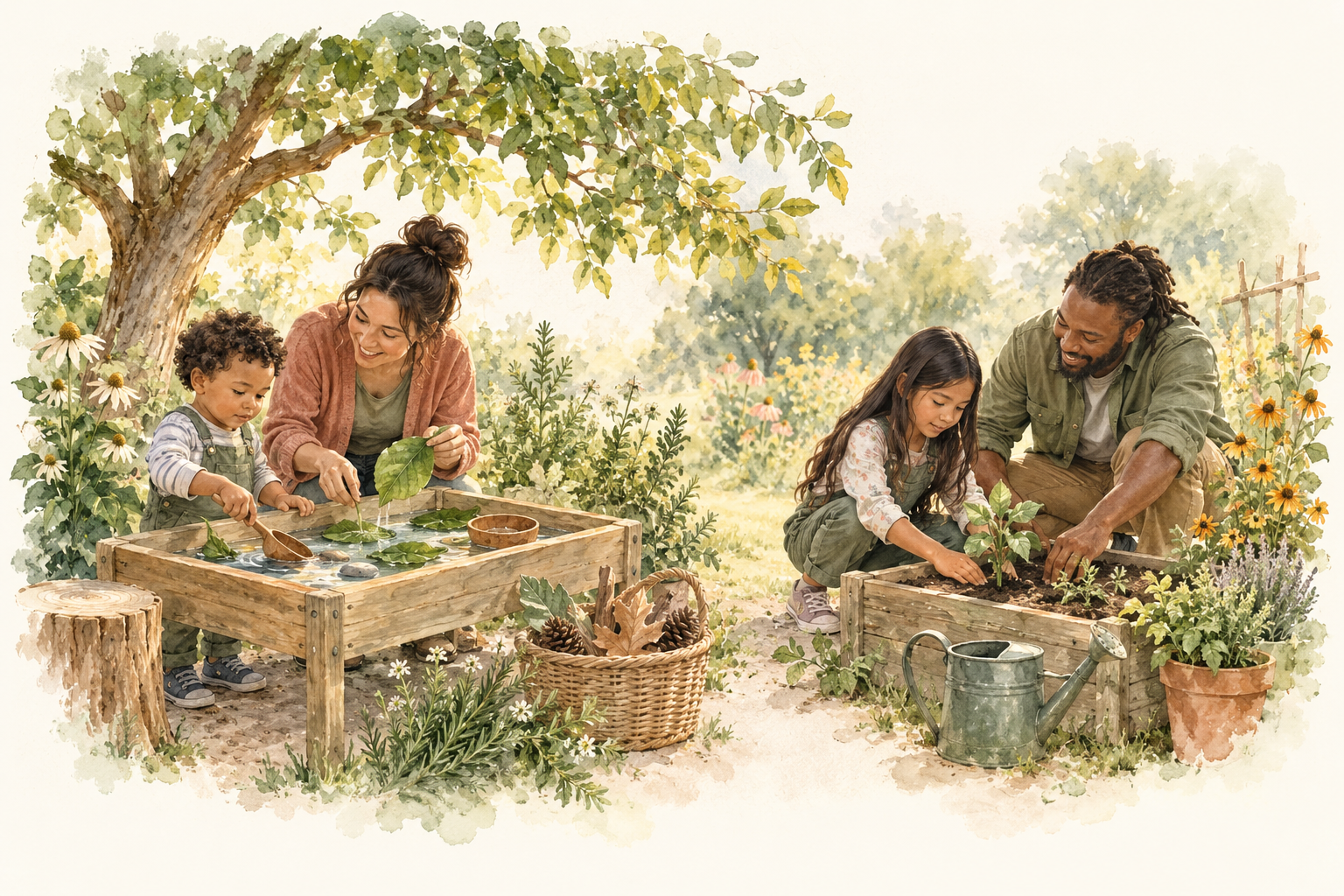 Watercolor illustration of children and caregivers exploring water and leaves outdoors and planting a seedling together