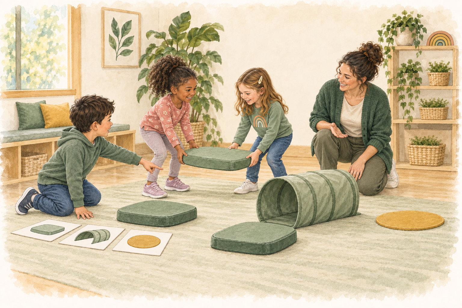 Younger children use picture sequence cards and work together to build a movement course with an occupational therapist