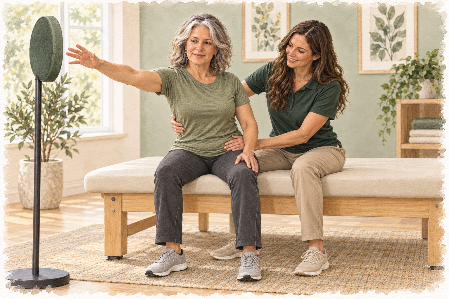 Illustration of a therapist providing hands-on trunk and pelvic support during seated reaching