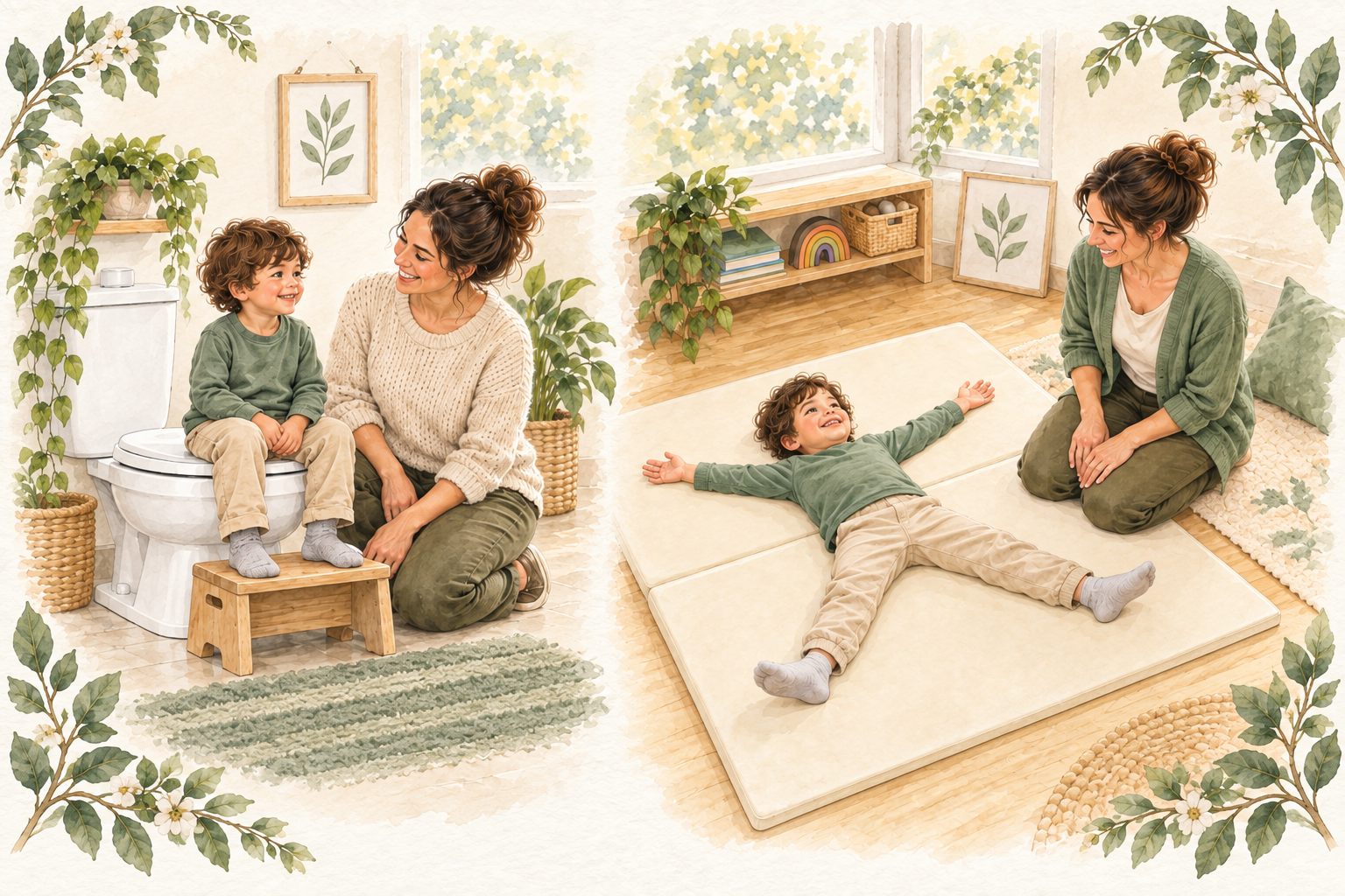 Illustration of supported seated positioning and a child practicing a floor snow angel with a therapist