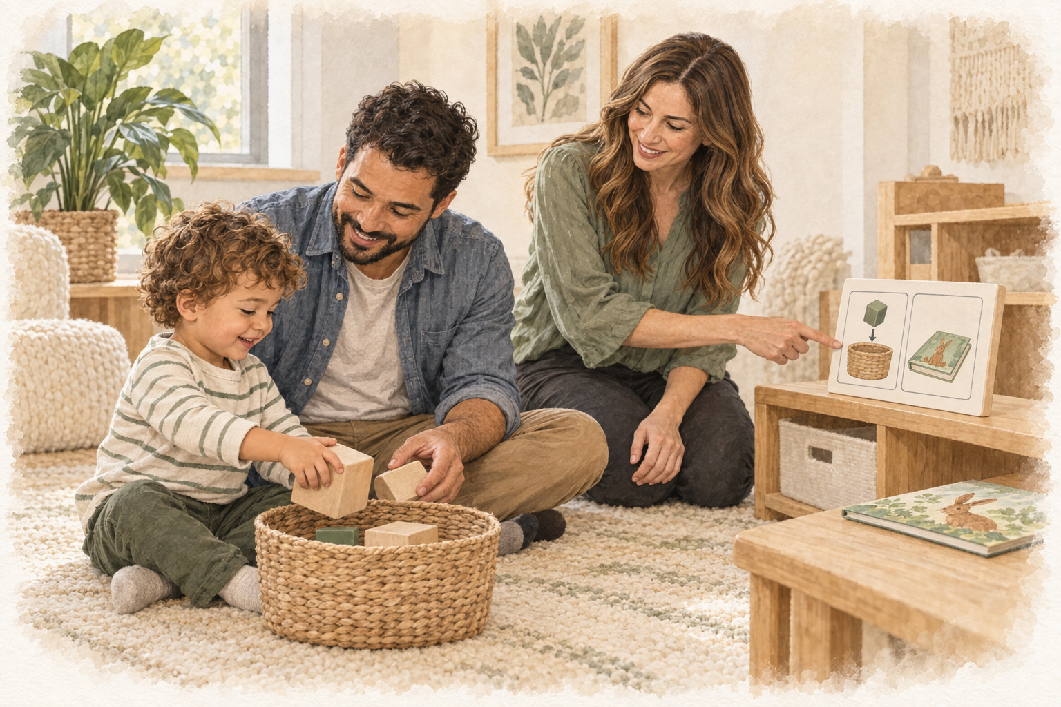 Illustration of a therapist coaching a father as he and his child tidy blocks before reading a book