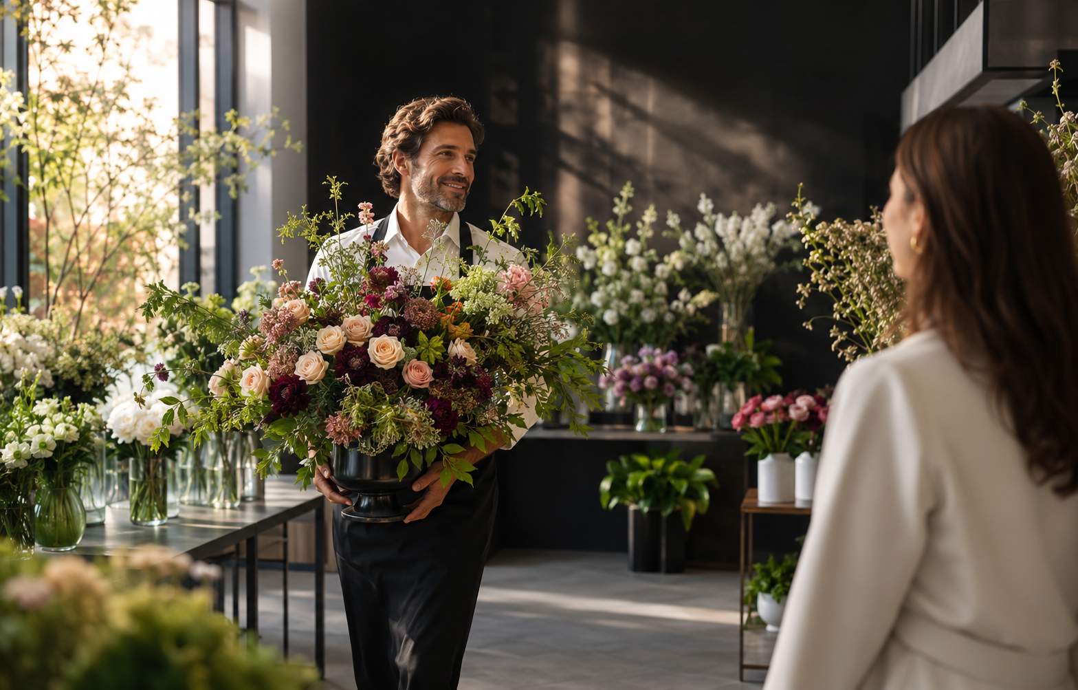 Florist proudly presenting an extraordinary floral creation