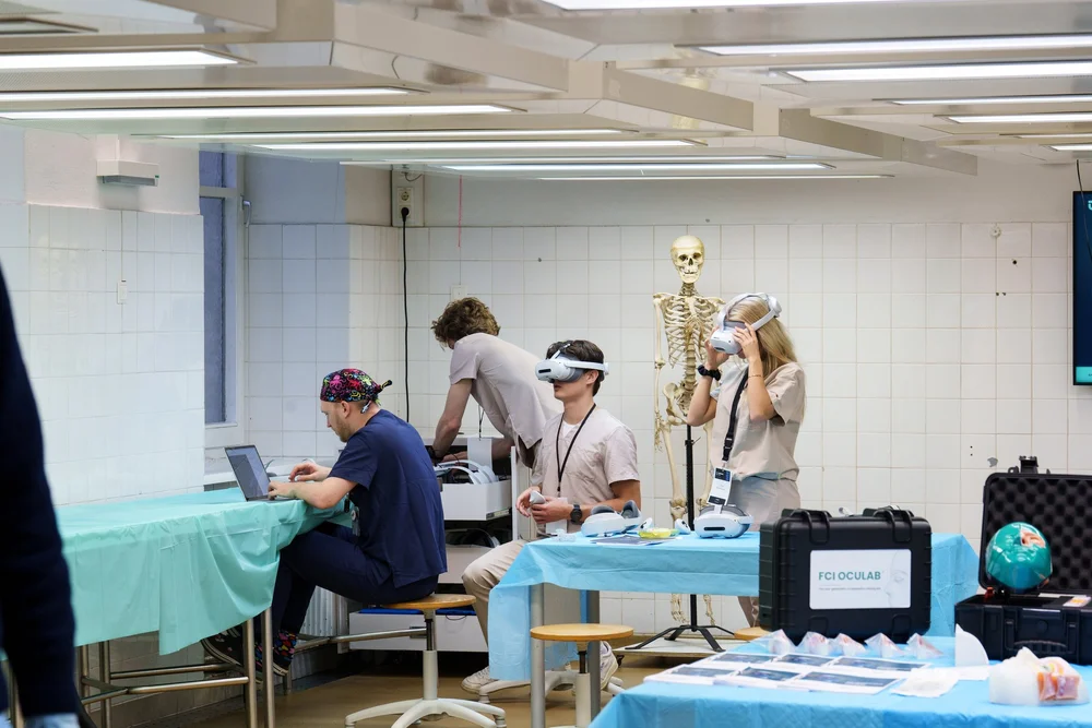 Mixed-reality headset station in the dissection hall