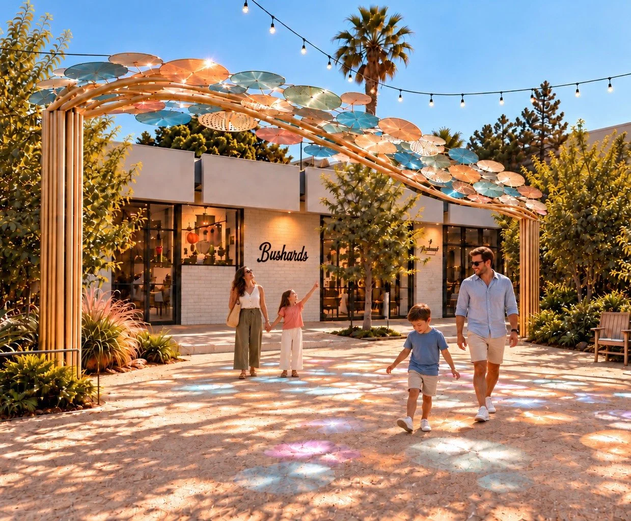 100 SUNSETS · Concept rendering of a family beneath the illuminated wave sculpture on a Laguna Beach promenade