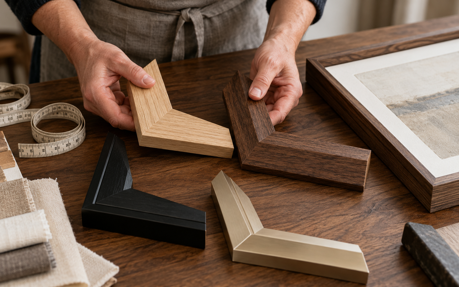 Concept image of an artisan comparing natural oak and walnut frame corners with black and champagne frame samples