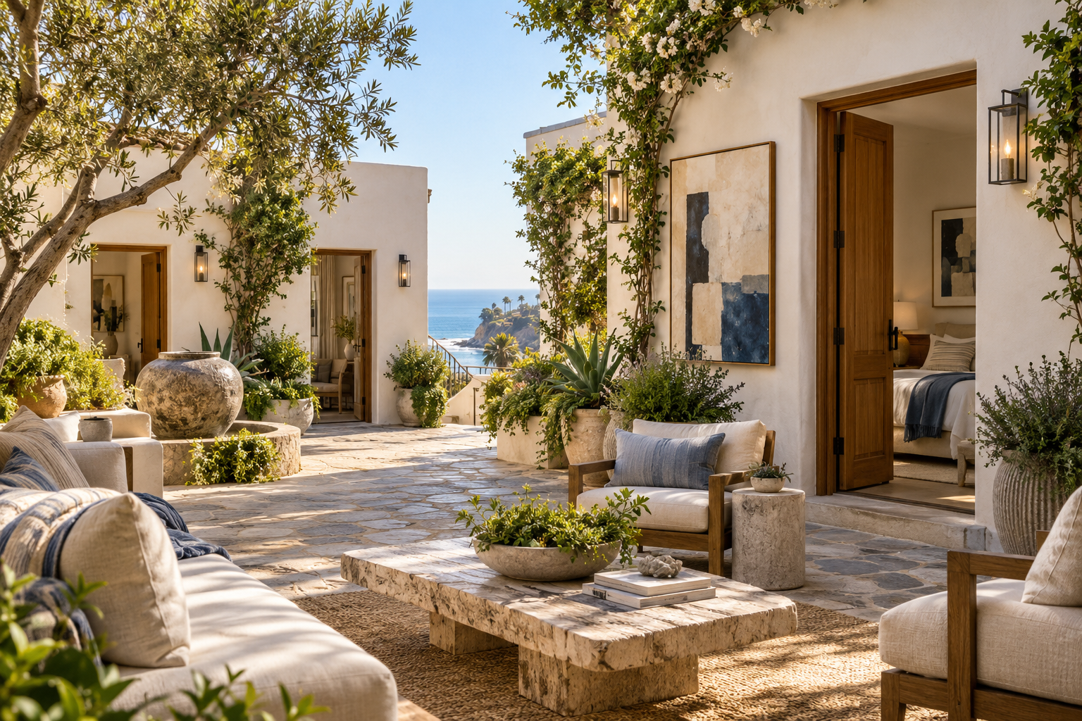 Coastal boutique hotel courtyard with art and ocean views — Artist Residency concept