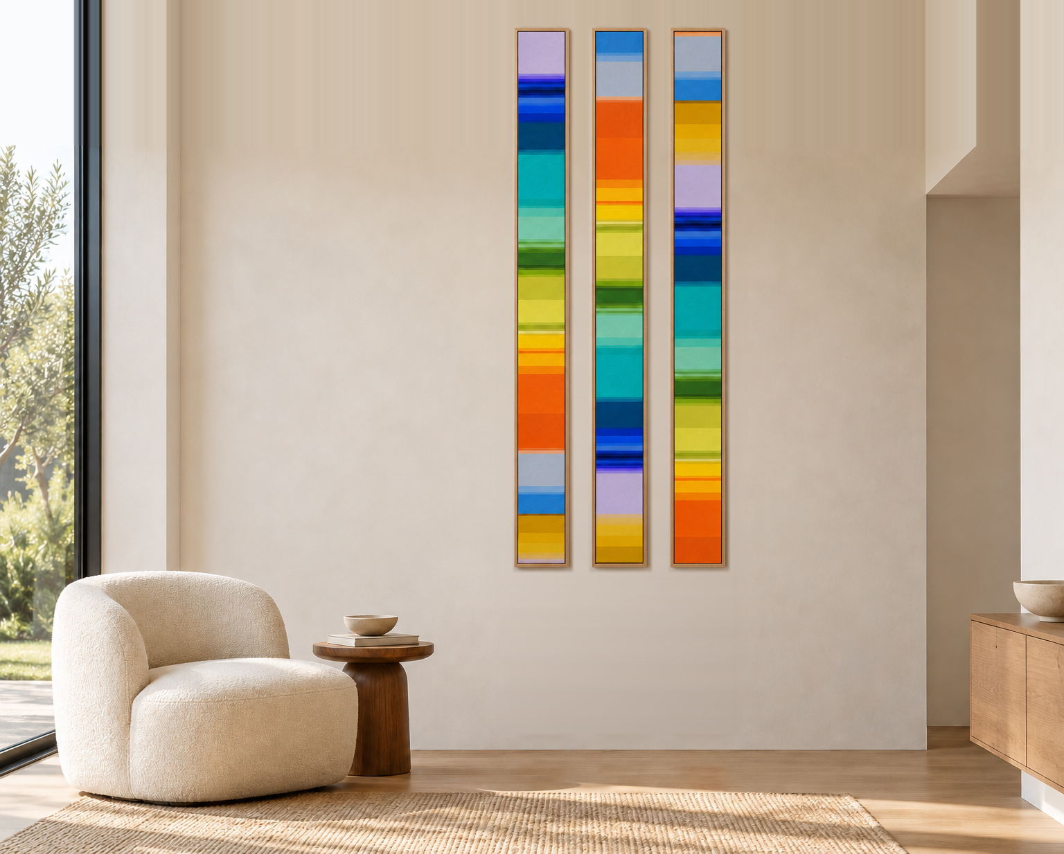 MALIBU oak-framed triptych in a room · AI visualization, not an actual installation