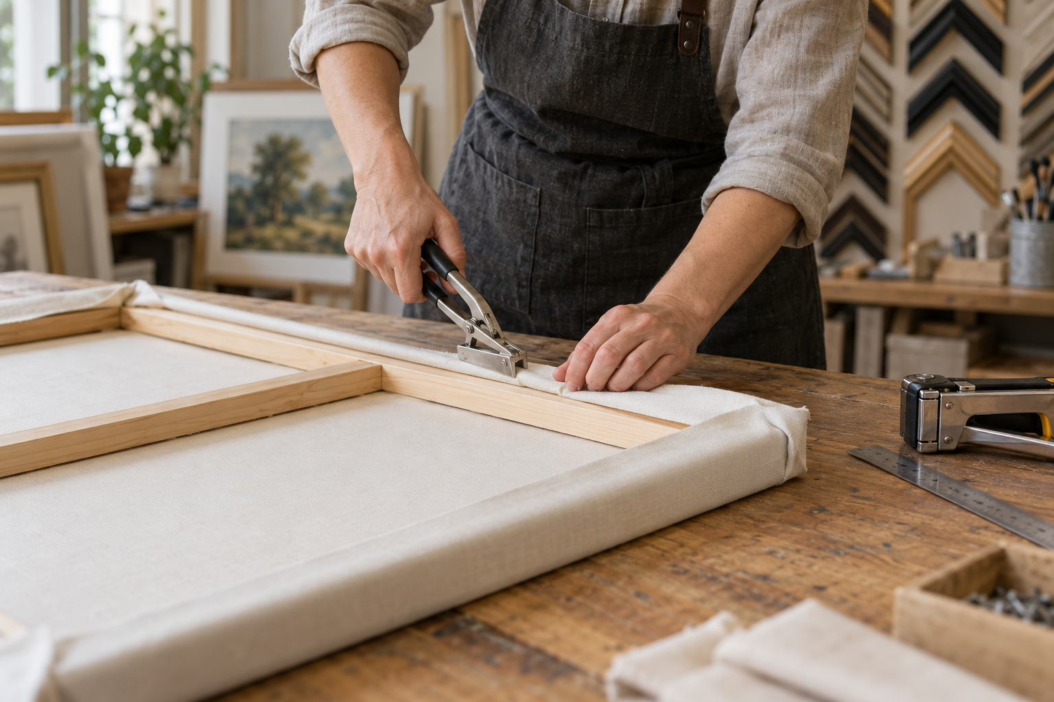 Concept image of an artisan stretching canvas over a wooden frame at a framing studio worktable