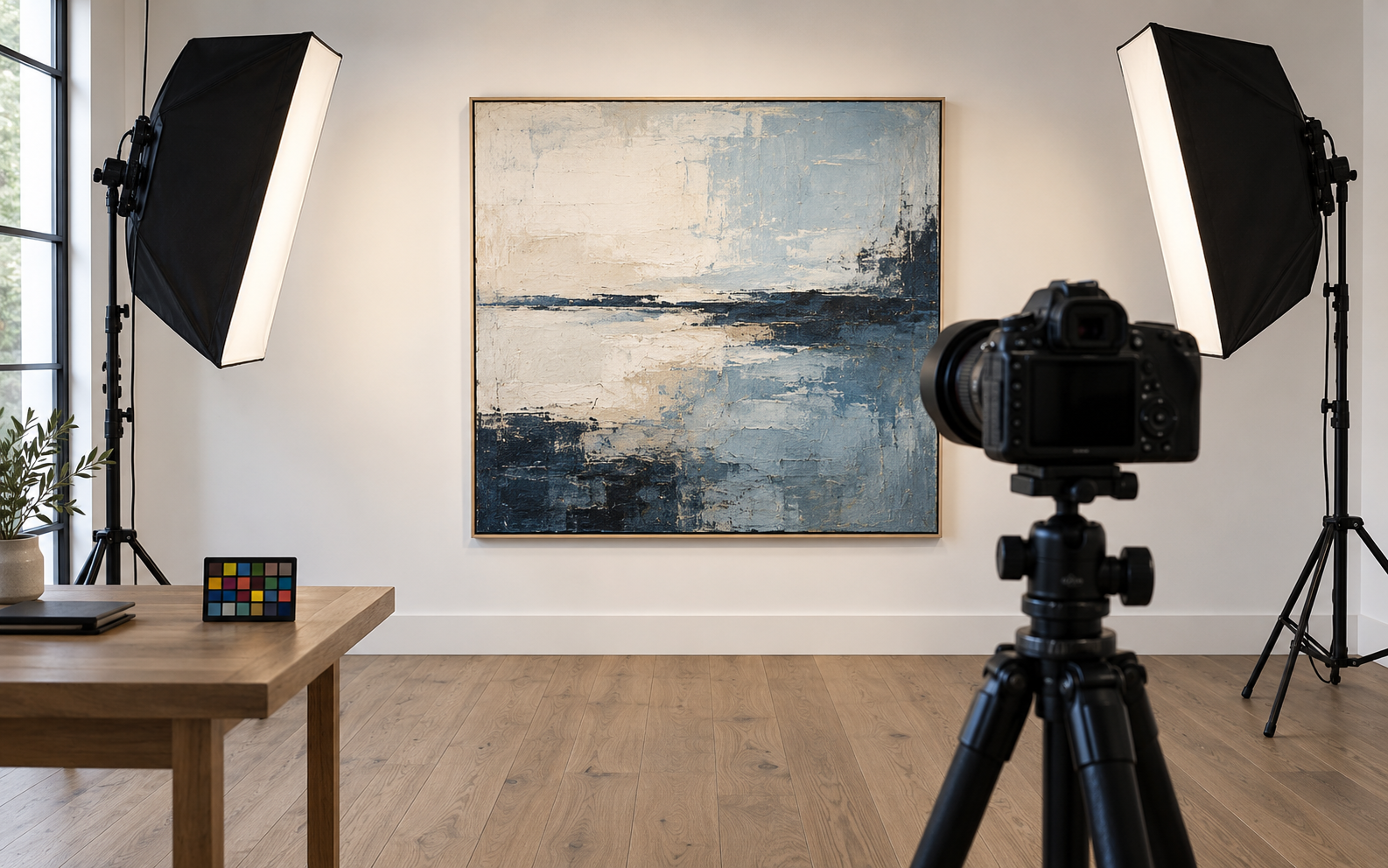 Concept image of a camera, studio lighting and an abstract artwork prepared for photography