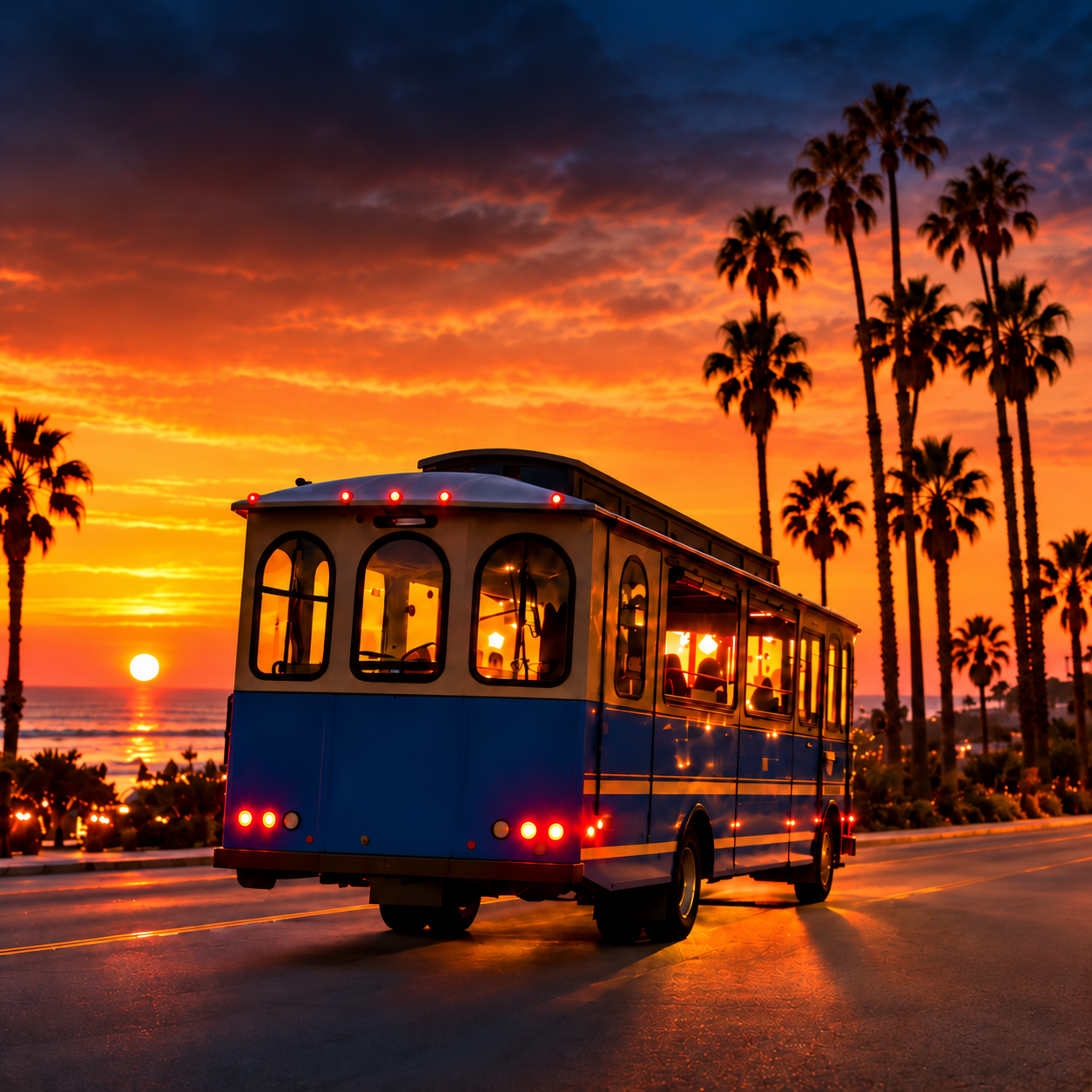 Blue trolley beside the coast at sunset with palm trees; AI-generated Laguna Beach illustration