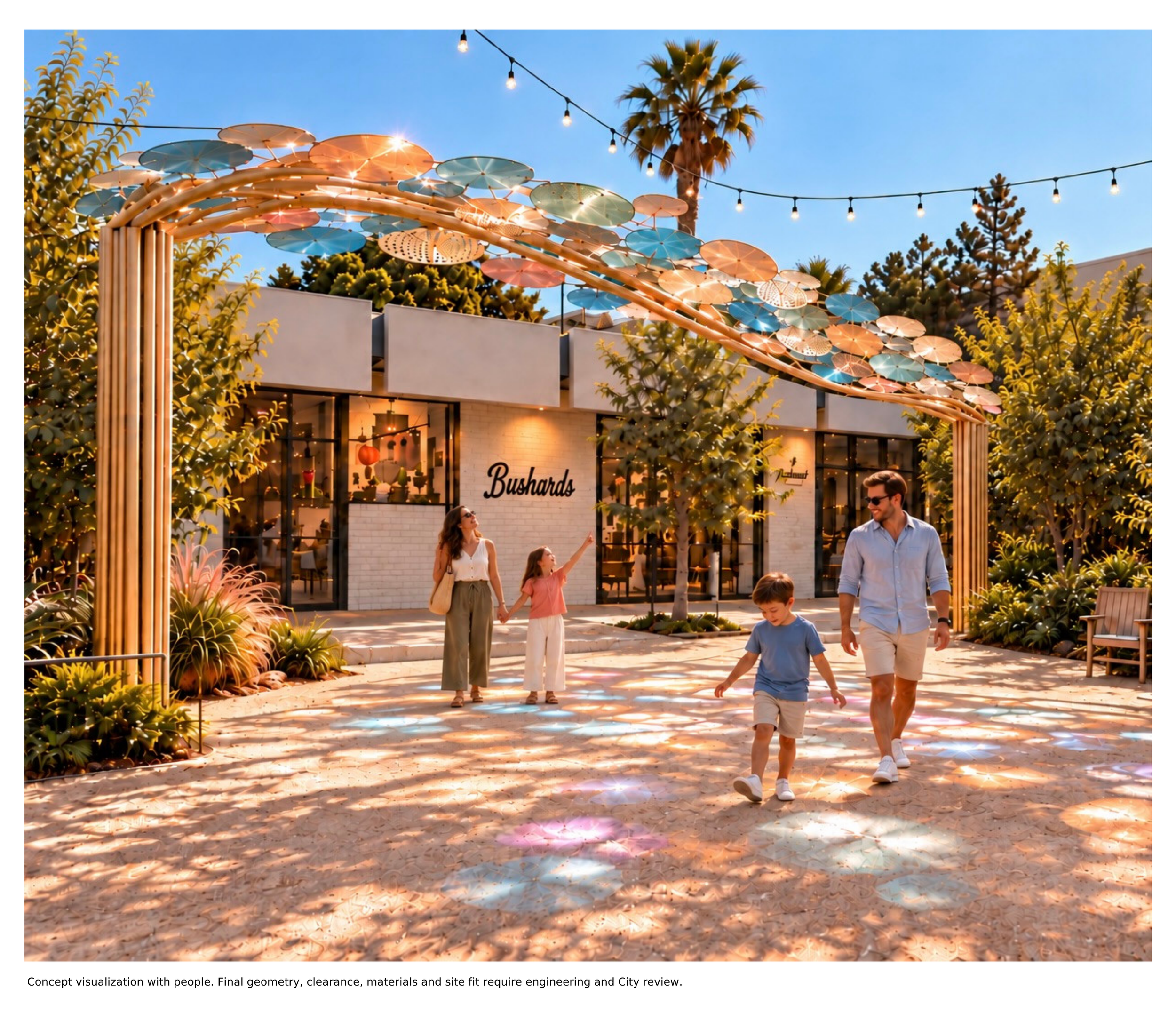 100 SUNSETS concept renderings, final submitted PDF, page 2: concept visualization with people. Final geometry, clearance, materials and site fit require engineering and City review.