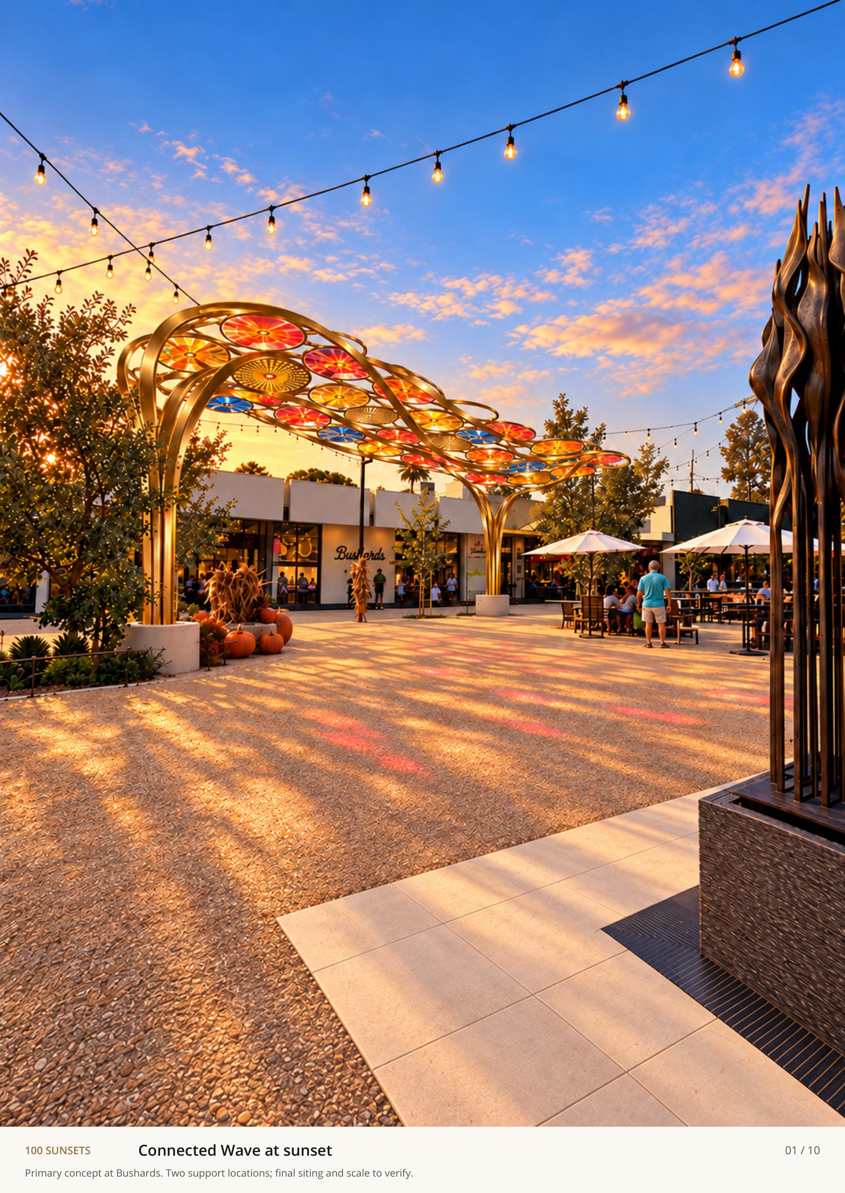 100 SUNSETS · Connected Wave at sunset · Concept rendering of a colored canopy in a Laguna Beach plaza