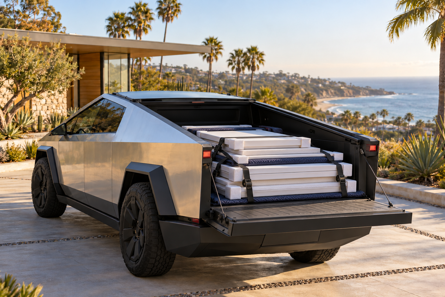 AI-generated concept of a Cybertruck carrying flat blank canvases separated by protective spacers.