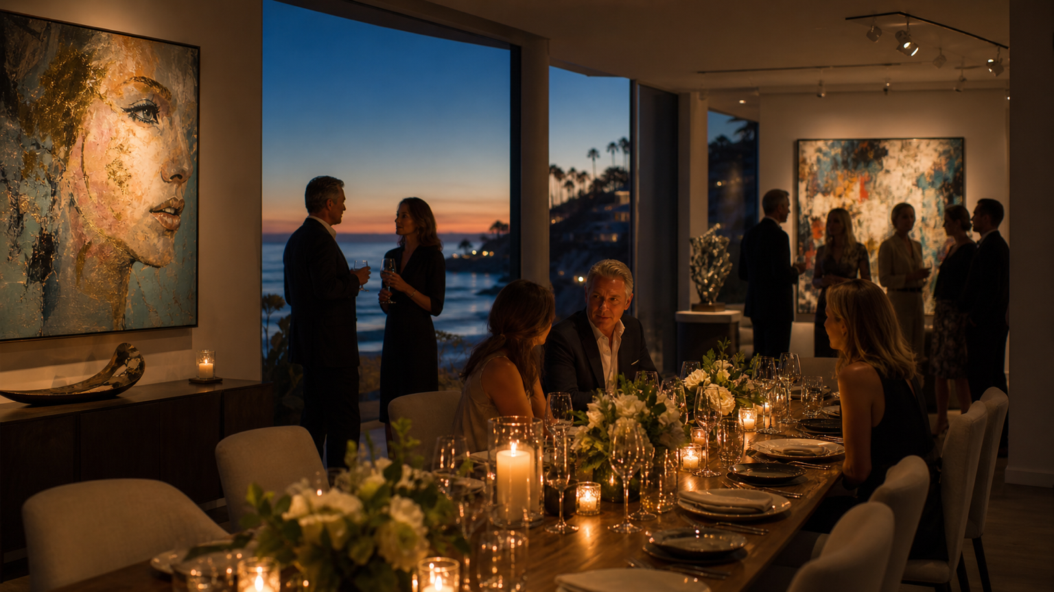 Concept image of a collector dinner with artwork and ocean views at sunset