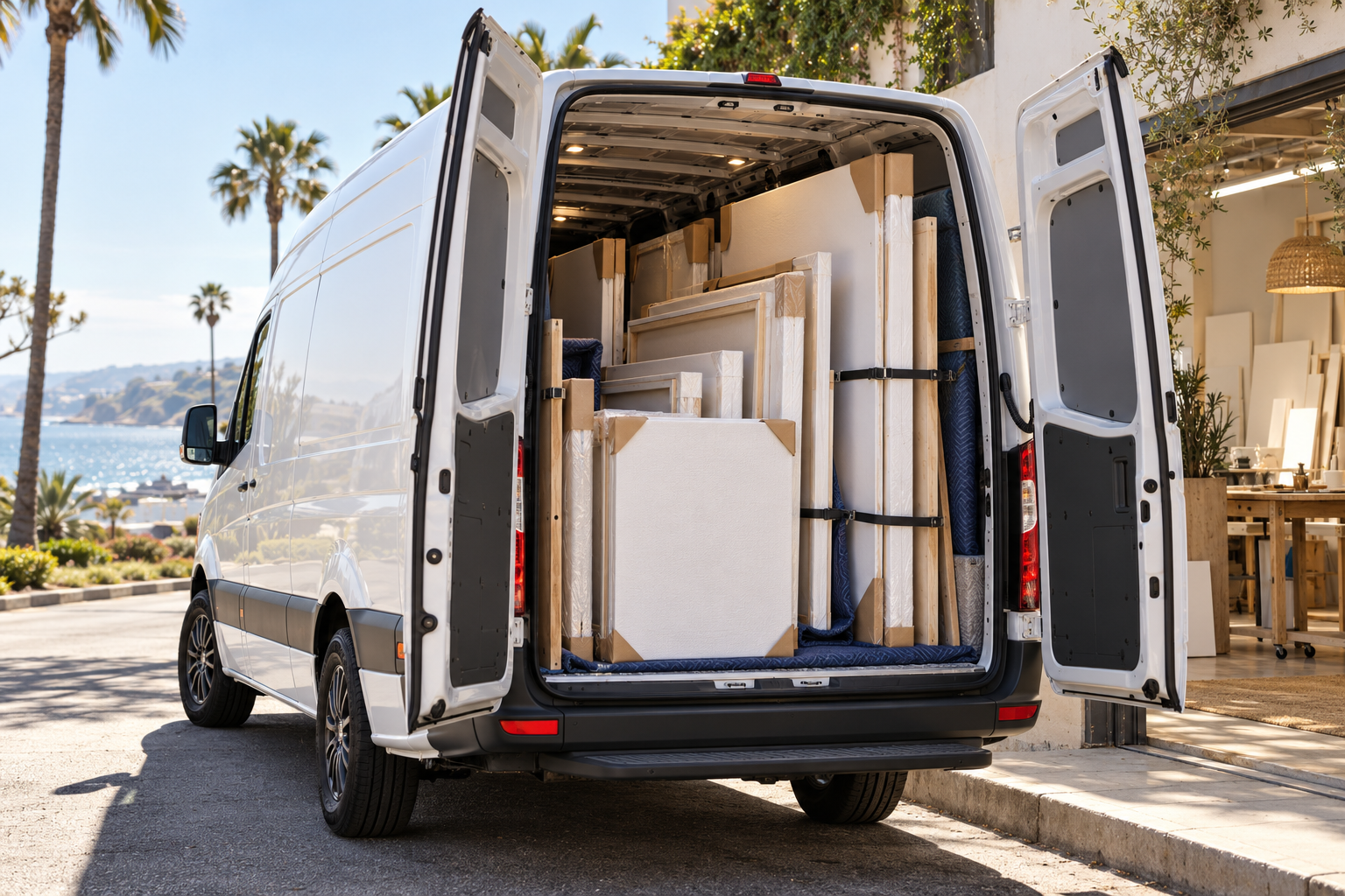 AI-generated delivery concept showing a Sprinter-style van with protected canvases secured inside.